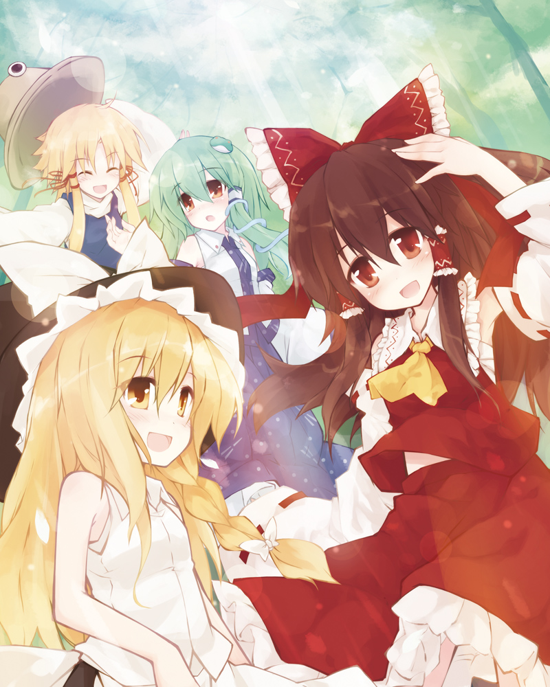 yukitarou (awamori), hakurei reimu, kirisame marisa, kochiya sanae, moriya suwako, touhou, 4girls, alternate costume, bare shoulders, blonde hair, blouse, bow, braid, brown eyes, brown hair, closed eyes, detached sleeves, female focus, frog, green hair, hair bow, hair ornament, happy, hat, japanese clothes, light rays, miko, multiple girls, sarashi, shirt, short hair, sunbeam, sunlight, unworn hat, unworn headwear, witch, witch hat, yellow eyes