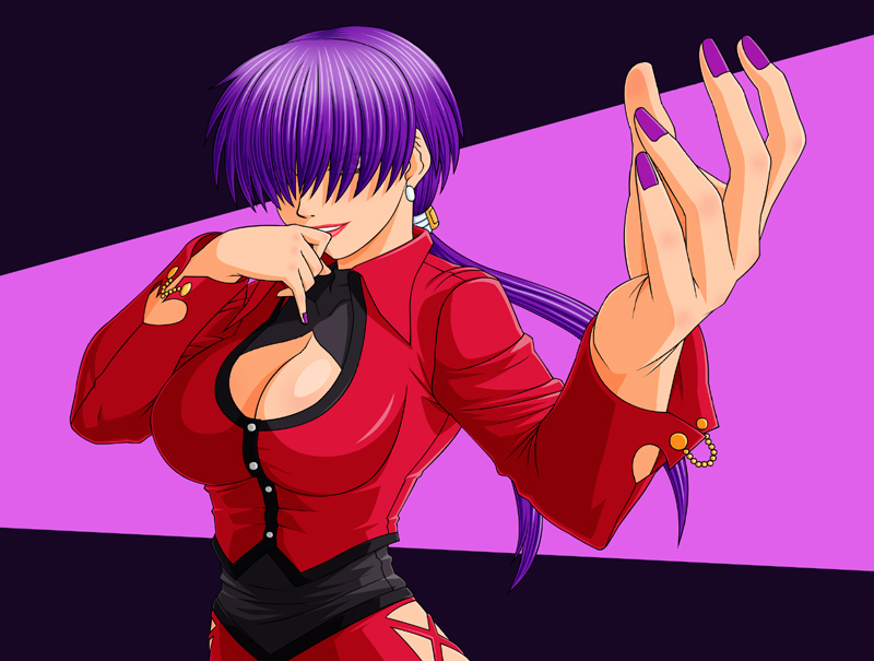 makani kohitujito, orochi shermie, shermie (kof), snk, the king of fighters, 1girl, breasts, cleavage, cleavage cutout, clothing cutout, dress, earrings, female focus, fingernails, hair over eyes, jewelry, large breasts, lips, lipstick, long hair, makeup, nail (hardware), nail polish, ponytail, purple hair, purple nails, smile, solo, twintails