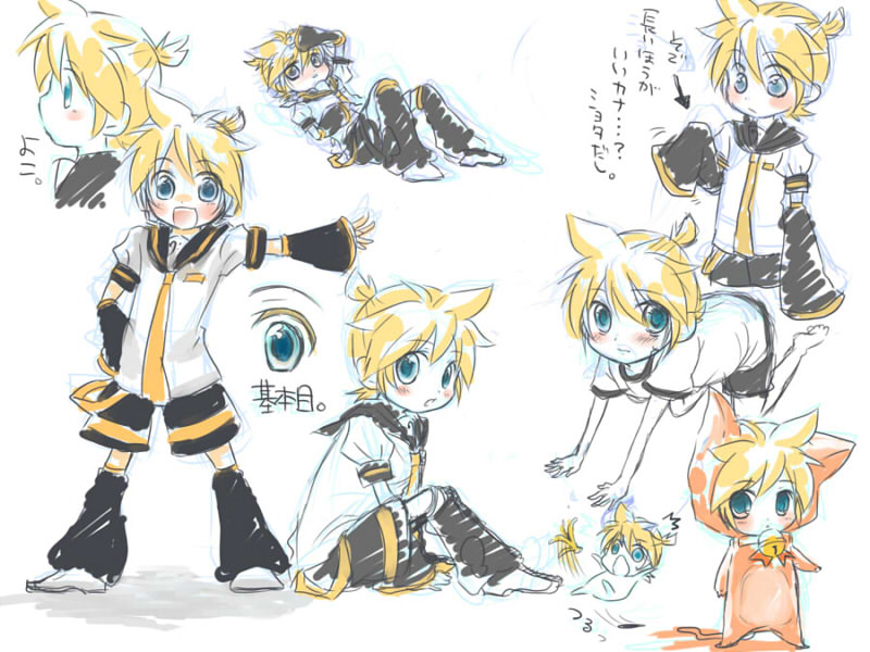 asata, eringihata, kagamine len, vocaloid, bad id, bad pixiv id, translated, 1boy, animal costume, banana peel, bell, blonde hair, blue eyes, cat costume, chibi, detached sleeves, falling, hand on own hip, happy, hip focus, leaning, long sleeves, lying, male focus, necktie, open mouth, ribbon, short hair, sitting, sketch, smile, square-end necktie, standing, thinking, yellow necktie