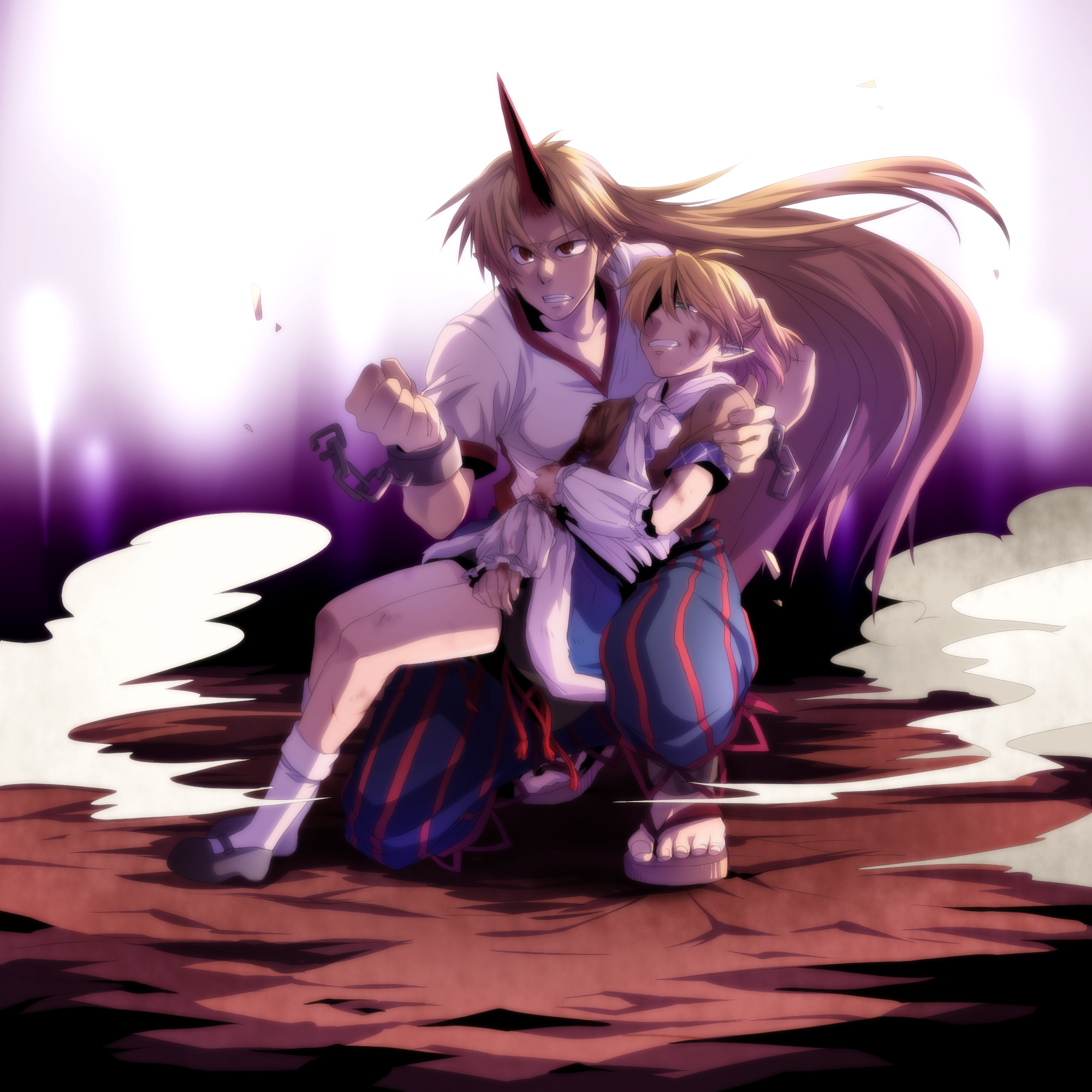 re ghotion, hoshiguma yuugi, mizuhashi parsee, touhou, bad id, bad pixiv id, highres, 2girls, arm warmers, blonde hair, blood, cuffs, female focus, green eyes, horns, injury, long hair, multiple girls, pointy ears, red eyes, scarf, shackles, short hair