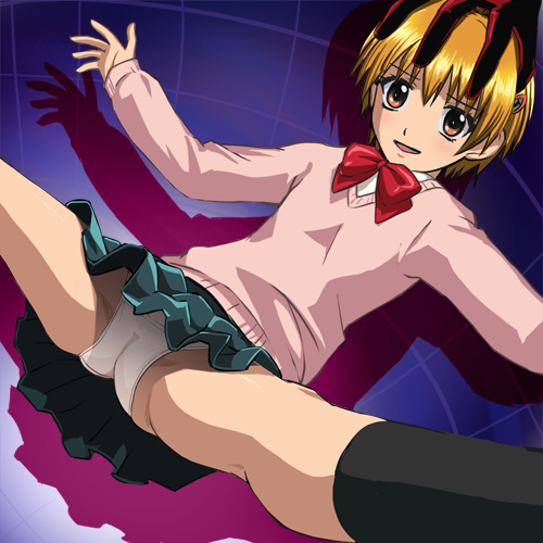 haruyama kazunori, katsuragi yako, majin tantei nougami neuro, lowres, 00s, blonde hair, brown eyes, panties, pantyshot, plaid clothes, plaid skirt, school uniform, short hair, skirt, spread legs, underwear, upskirt, white panties