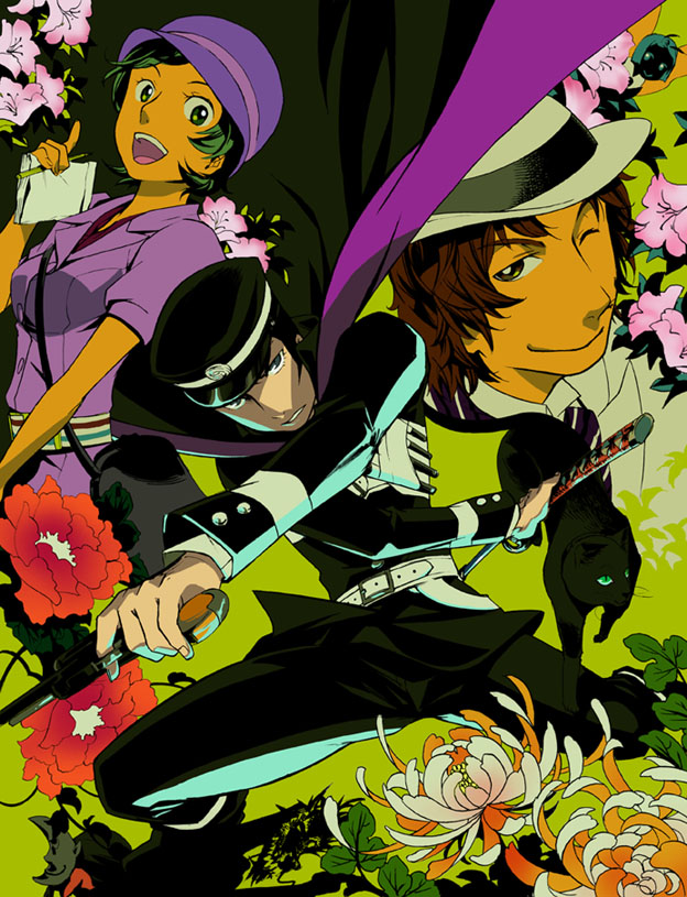 gif365, asakura tae, gouto, kuzunoha raidou, narumi shouhei, atlus, devil summoner (series), shin megami tensei, bad id, bad pixiv id, 1girl, 2boys, belt, black hair, cape, cat, chrysanthemum, flower, gakuran, gun, handgun, hat, katana, male focus, multiple boys, one eye closed, pistol, school uniform, shako cap, short hair, sword, weapon, wink