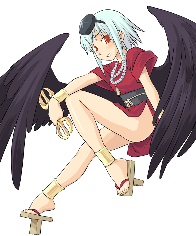 hinemosu notari, original, bad id, bad pixiv id, 1girl, ankle cuffs, anklet, black wings, blue hair, feet, female focus, flying, geta, hat, japanese clothes, jewelry, legs, long legs, necklace, no panties, red eyes, side slit, solo, tengu, tengu-geta, thighs, tokin hat, wings