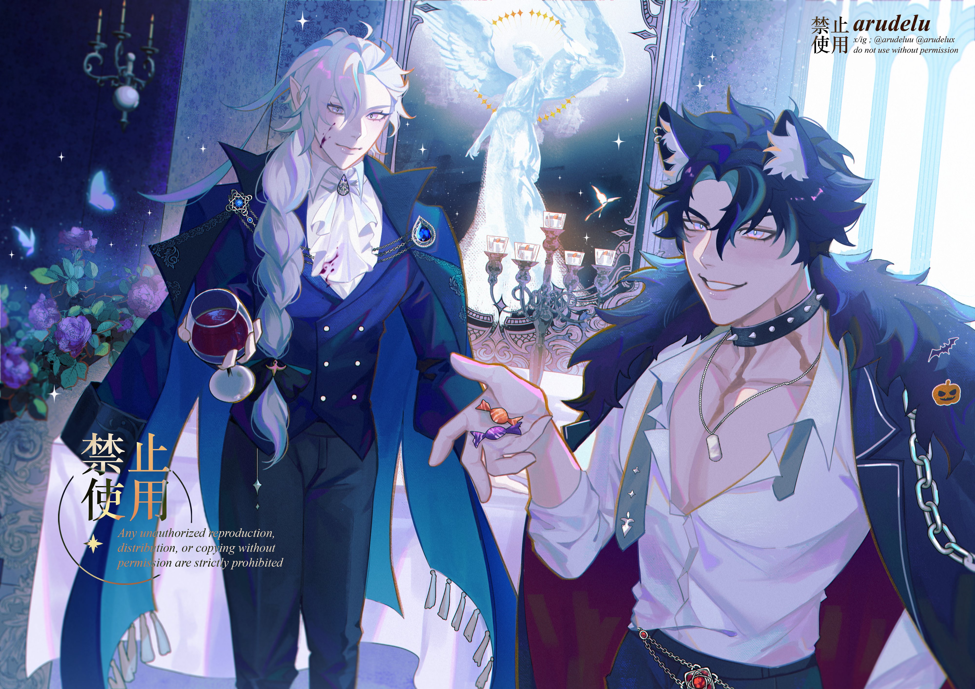 neuvillette (genshin impact), wriothesley (genshin impact), genshin impact, absurdres, highres, 2boys, animal ears, arudeluu, bat (animal), black choker, blood, blood on clothes, blood on face, blue light, bug, butterfly, candy, chain, chandelier, choker, collar, cup, flower, food, formal clothes, halloween costume, holding, holding candy, holding cup, holding food, insect, jacket, jacket on shoulders, jewelry, light smile, long hair, looking at viewer, multiple boys, necklace, open clothes, pumpkin, purple flower, sleeves rolled up, smile, spiked collar, spikes, suit, teeth, wolf ears