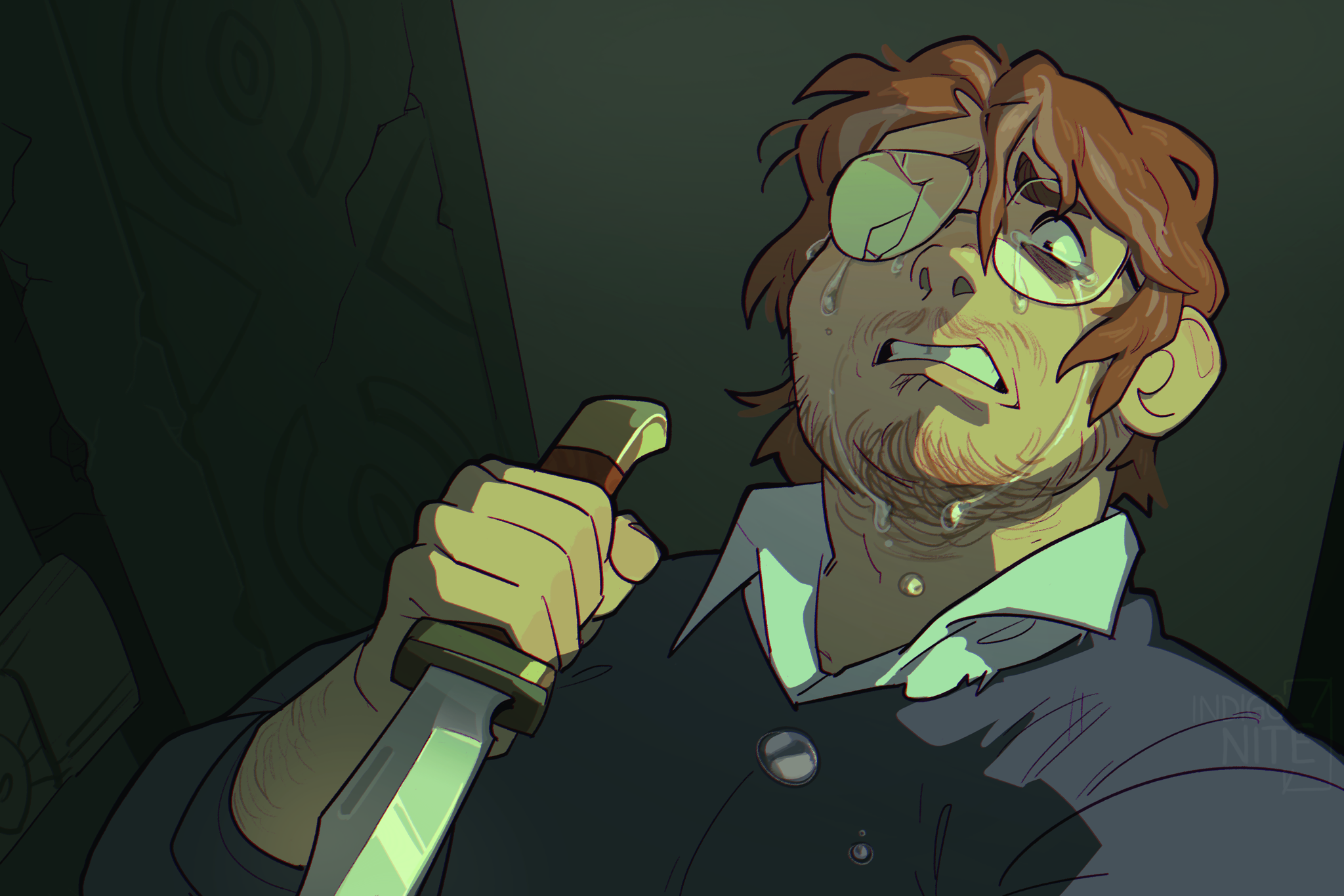 indigonite, the magnus archives, highres, spoilers, 1boy, arm hair, bags under eyes, beard, collared shirt, crack, cracked glass, facial hair, from below, frown, glasses, hairy, holding, holding knife, knife, martin blackwood, mature male, multicolored hair, nostrils, sad, scene reference, shirt, sweater, teeth, thick eyebrows, two-tone hair, white shirt, wide-eyed