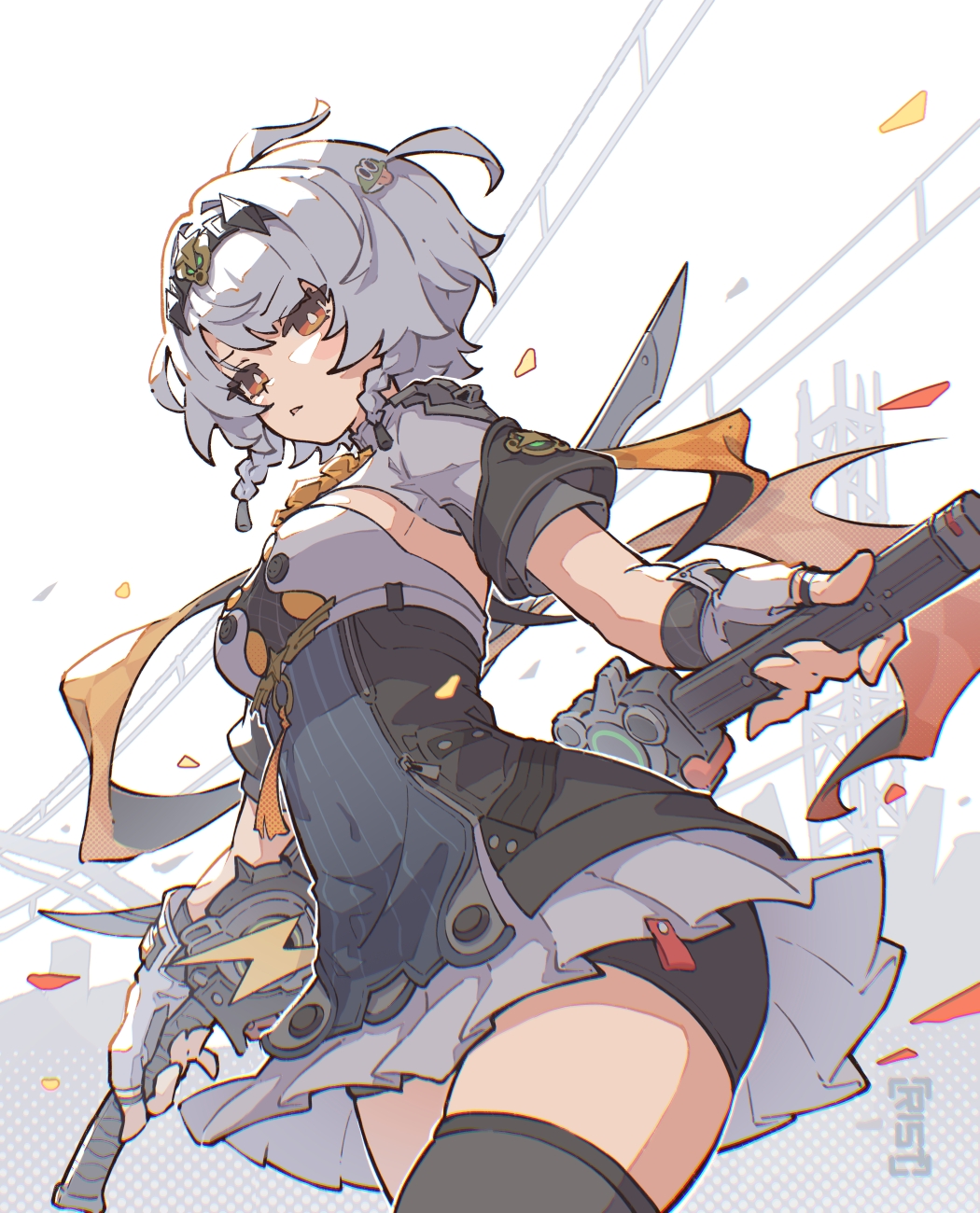 user rfde4742, anby demara, anby demara (silver soldier), zenless zone zero, commentary, english commentary, highres, 1girl, artist name, ascot, bike shorts under skirt, black hairband, black thighhighs, braid, braided sidelocks, breasts, burger hair ornament, covered navel, cowboy shot, dual wielding, fingerless gloves, food-themed hair ornament, gloves, grey hair, hair intakes, hair ornament, hairband, holding, holding behind back, holding sword, holding weapon, holding weapon behind back, medium breasts, open mouth, orange ascot, orange eyes, orange ribbon, outdoors, ribbon, short hair, shrug (clothing), sideboob cutout, skirt under dress, solo, sword, thighhighs, v-shaped eyebrows, weapon, white background, white gloves, white shrug