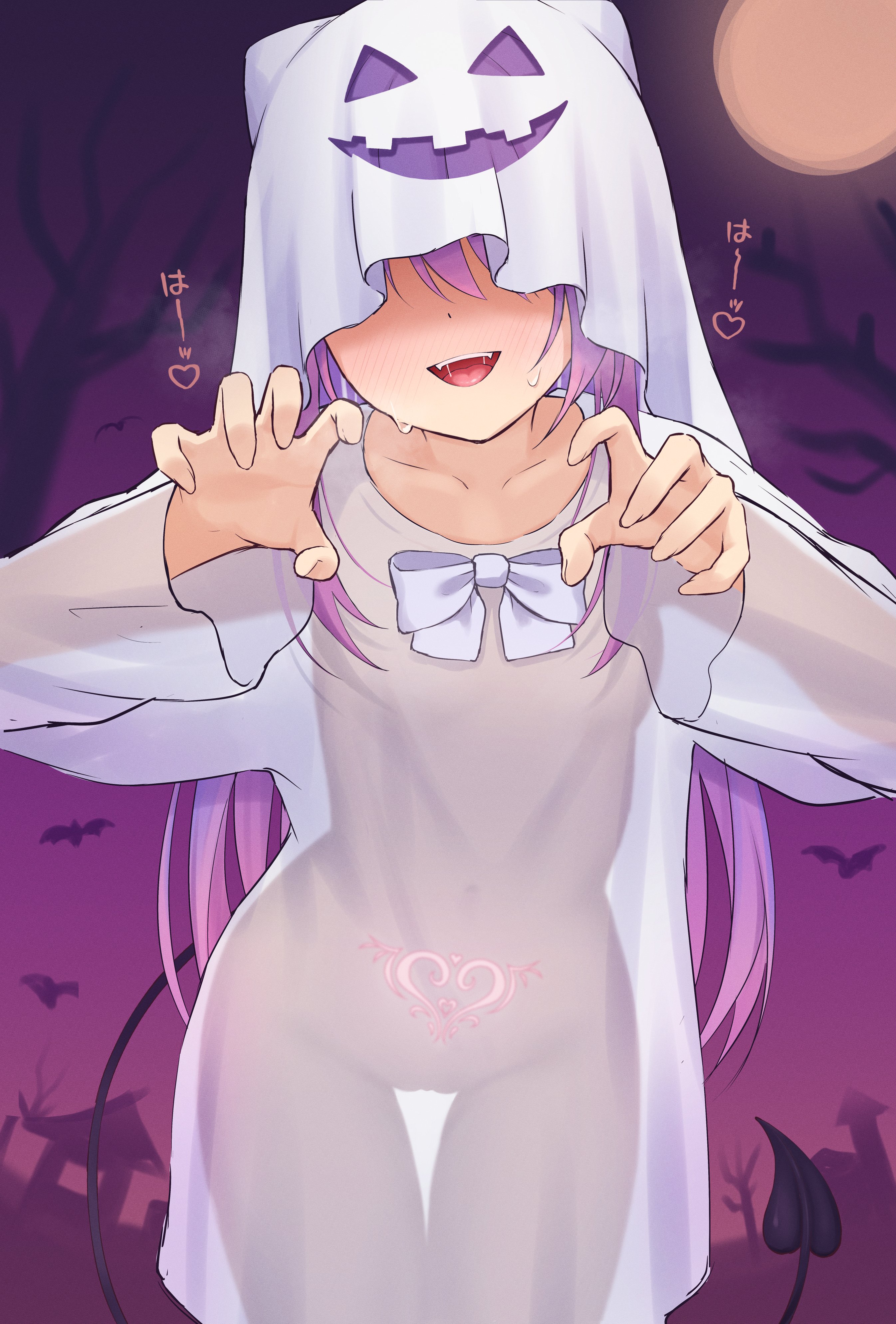 omiyatei, tokoyami towa, hololive, covered pussy, absurdres, commentary, english commentary, highres, translation request, 1girl, bat (animal), blush, bow, bowtie, breasts, claw pose, collarbone, covered eyes, covered navel, cowboy shot, demon tail, fangs, full-face blush, full moon, ghost costume, halloween, halloween costume, hands up, heart, heart tattoo, jack-o'-lantern cutout, leaning forward, long hair, moon, multicolored hair, open mouth, pink hair, pubic tattoo, purple hair, purple sky, saliva, see-through clothes, sidelocks, sky, small breasts, smile, solo, spoken heart, sweat, tail, tattoo, teeth, thigh gap, two-tone hair, upper teeth only, virtual youtuber, white bow, white bowtie