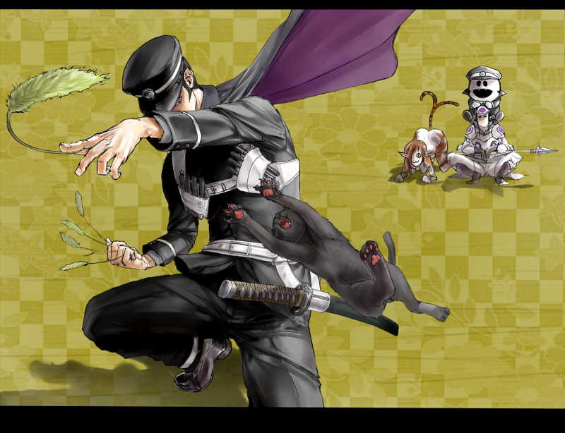 guri otoko, cu chulainn (megami tensei), gouto, kuzunoha raidou, nekomata (megami tensei), raiho, tam lin (megami tensei), atlus, devil summoner (series), shin megami tensei, 2boys, black hair, cape, cat, cat teaser, demon (megami tensei), gakuran, hat, katana, male focus, multiple boys, school uniform, short hair, sword, weapon