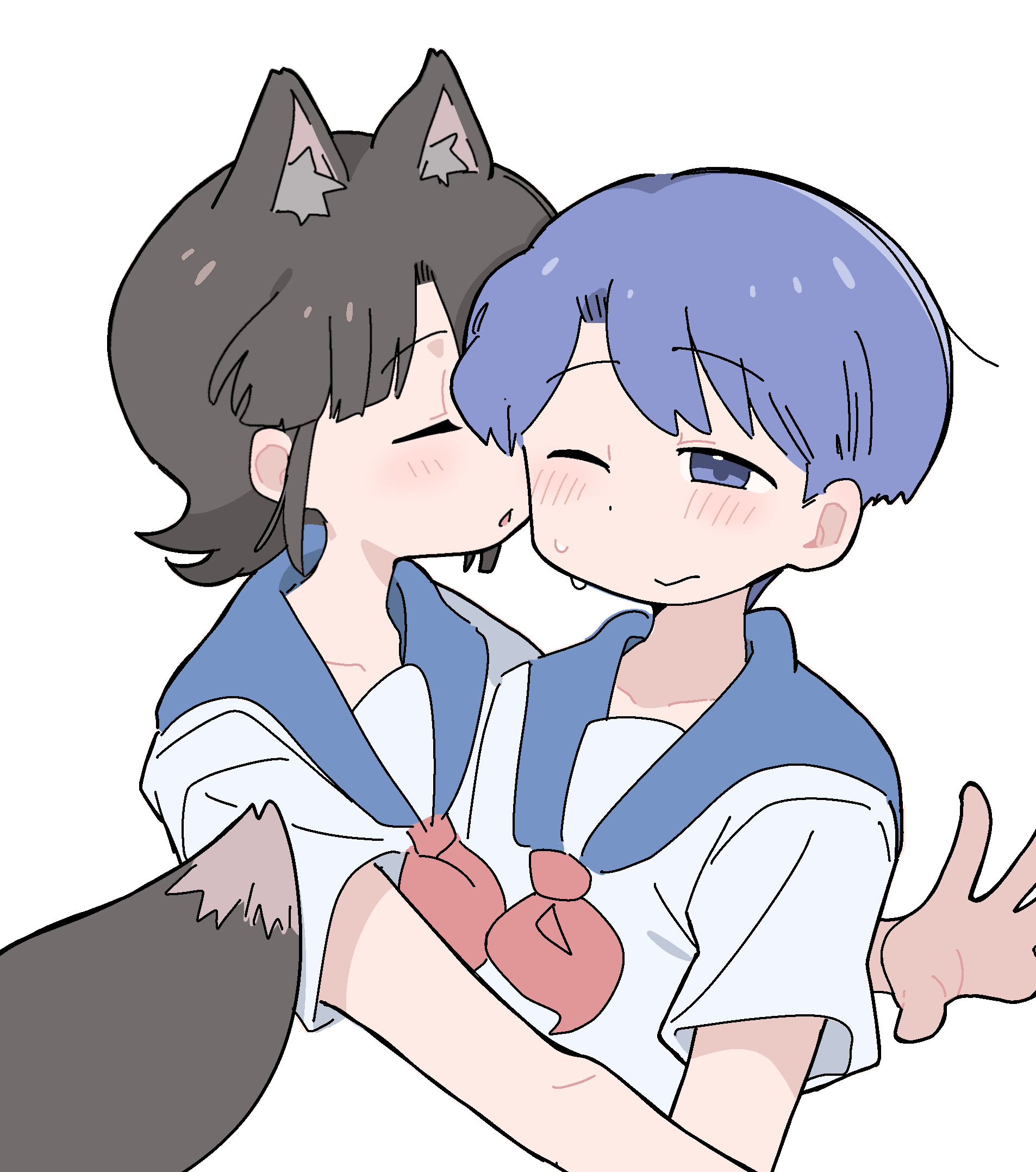 wichimi, amakazari eri, makabe matsuri, city (arawi keiichi), highres, 2girls, animal ears, black hair, blue hair, blue sailor collar, blush, closed eyes, closed mouth, collarbone, cropped torso, hug, implied kiss, kemonomimi mode, multiple girls, neckerchief, one eye closed, open mouth, red neckerchief, sailor collar, school uniform, serafuku, short hair, short sleeves, simple background, sweat, tail, very short hair, white background, white serafuku, wolf ears, wolf tail, yuri