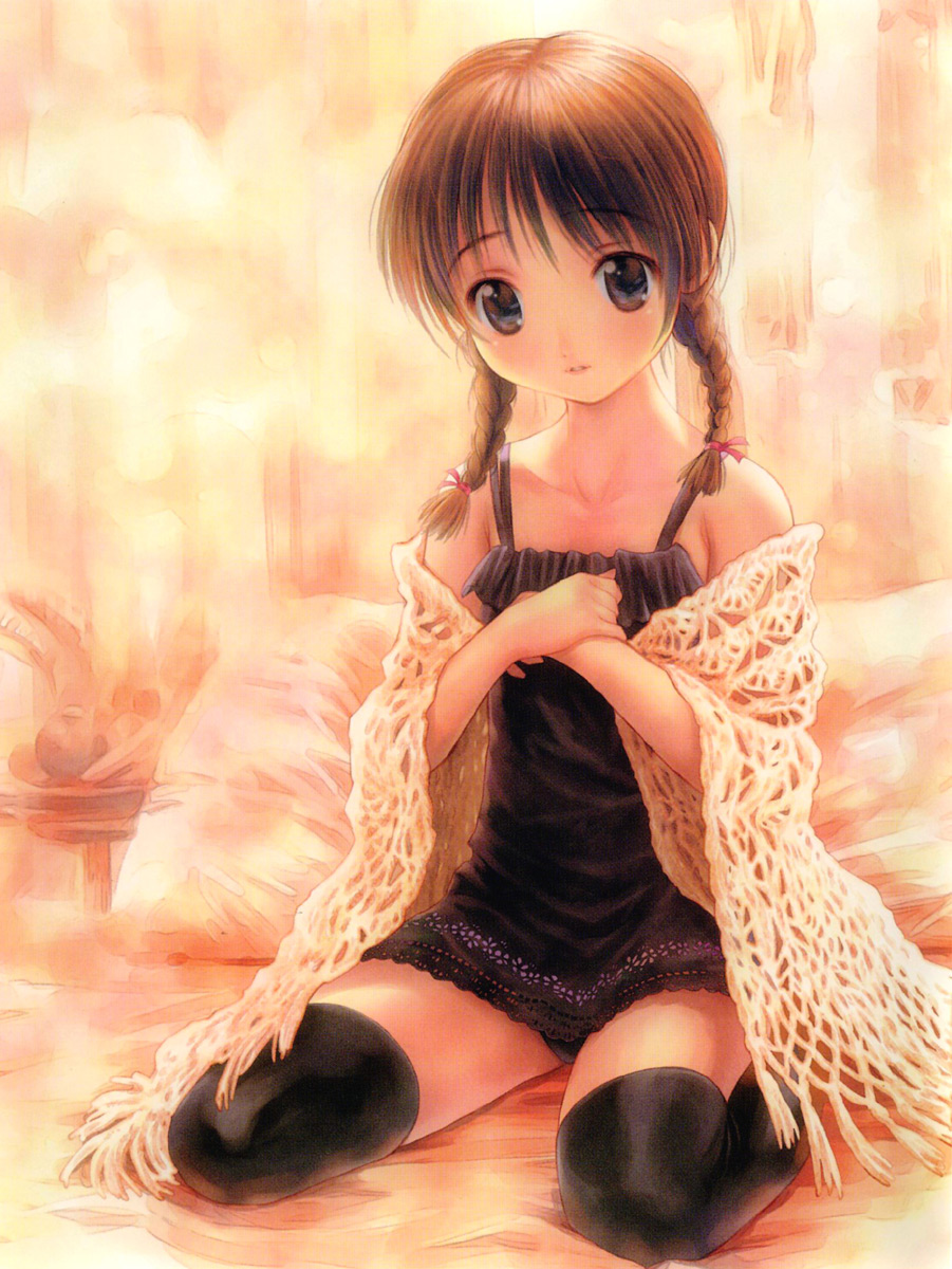 goto p, original, highres, scan, 1girl, bare shoulders, bed, black panties, black thighhighs, braid, brown hair, chemise, female focus, flat chest, hair over shoulder, kneeling, lingerie, off shoulder, panties, shawl, solo, thighhighs, twin braids, twintails, underwear