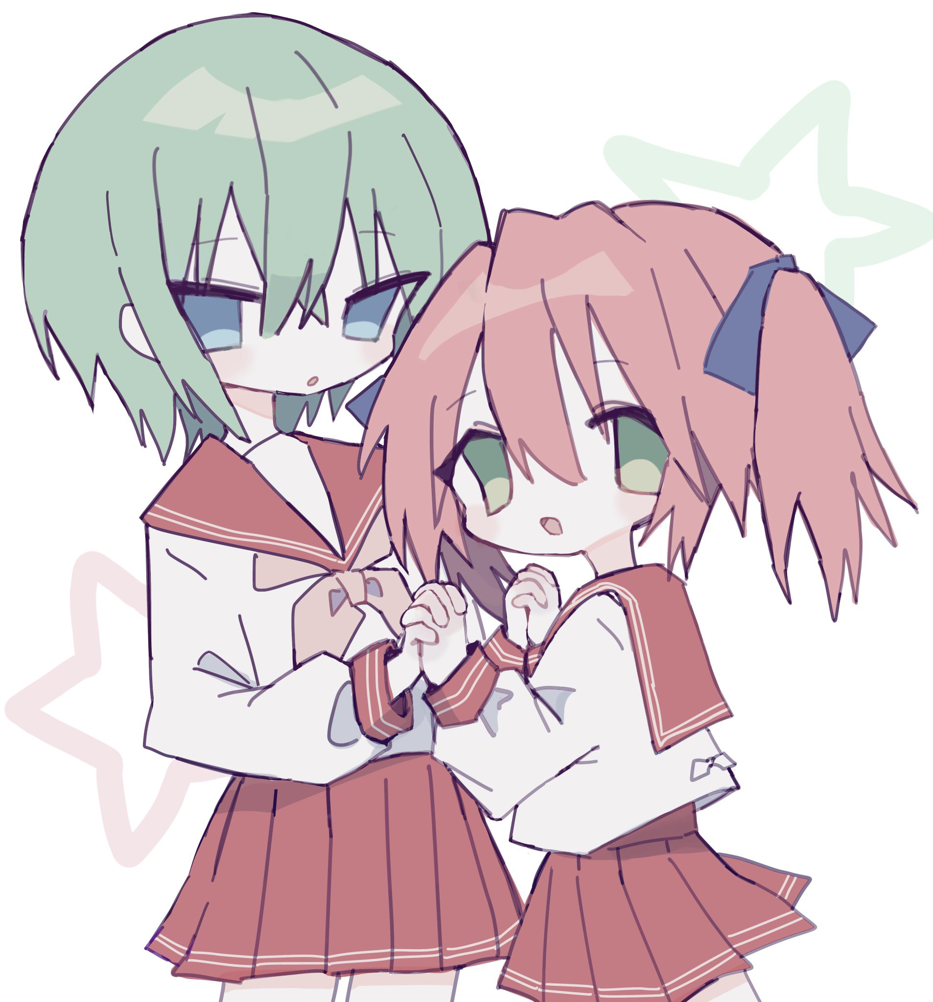 029uu, iwasaki minami, kobayakawa yutaka, lucky star, commentary request, highres, 2girls, blue bow, blue eyes, blush, bow, expressionless, green eyes, green hair, green star, happy, holding hands, long hair, multiple girls, neckerchief, open mouth, pink neckerchief, pleated skirt, red hair, red sailor collar, red skirt, red star, ryouou school uniform, sailor collar, sailor shirt, school uniform, shirt, short hair, skirt, star (symbol), star symbol background, turning head, twintails, white background, white shirt, yuri