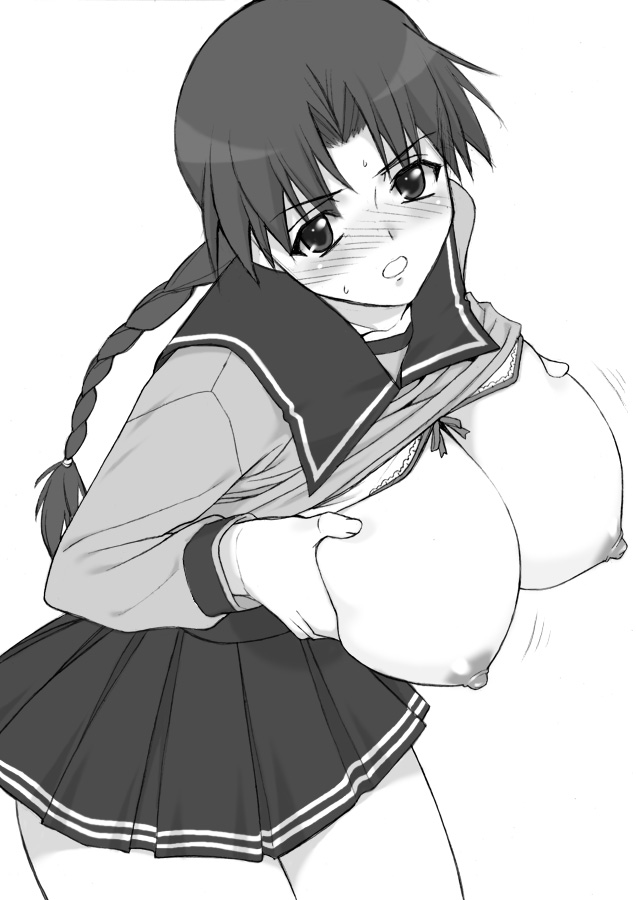 shichimenchou, hoshina tomoko, to heart, to heart (series), 1girl, blush, braid, breast lift, breasts, clothes lift, female focus, greyscale, large breasts, monochrome, nipples, school uniform, shirt lift, simple background, solo