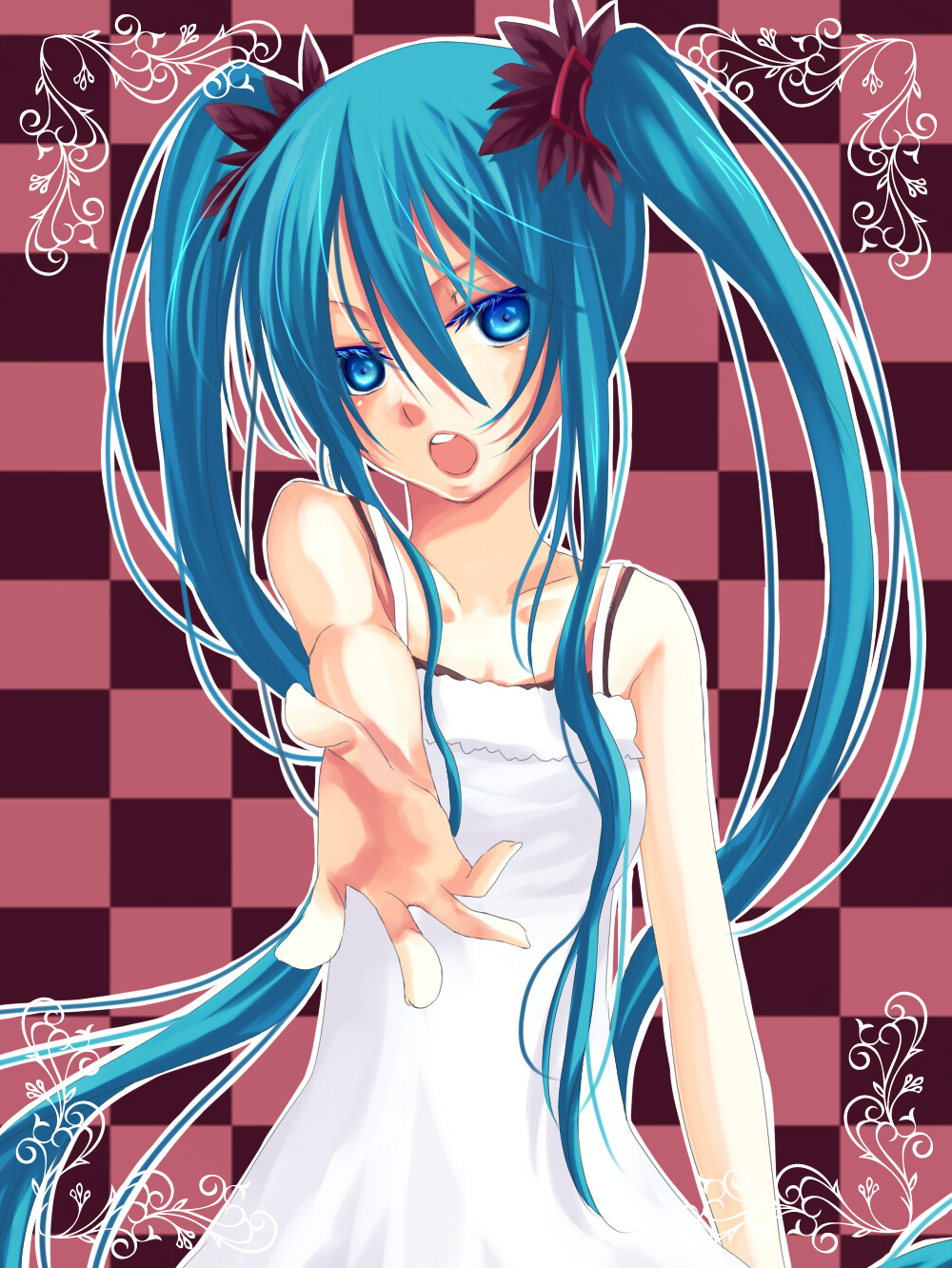 you zasshoku, hatsune miku, vocaloid, world is mine (vocaloid), bad id, bad pixiv id, highres, angry, blue eyes, blue hair, blush, dress, hair ribbon, long hair, open mouth, ribbon, solo, twintails