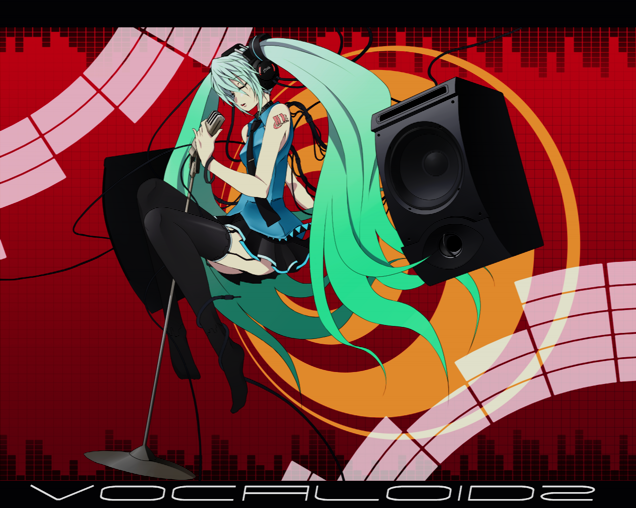 metaphor (artist), hatsune miku, vocaloid, bad id, bad pixiv id, aqua hair, closed eyes, headphones, long hair, microphone, necktie, skirt, solo, speaker, thighhighs, twintails, very long hair, zettai ryouiki