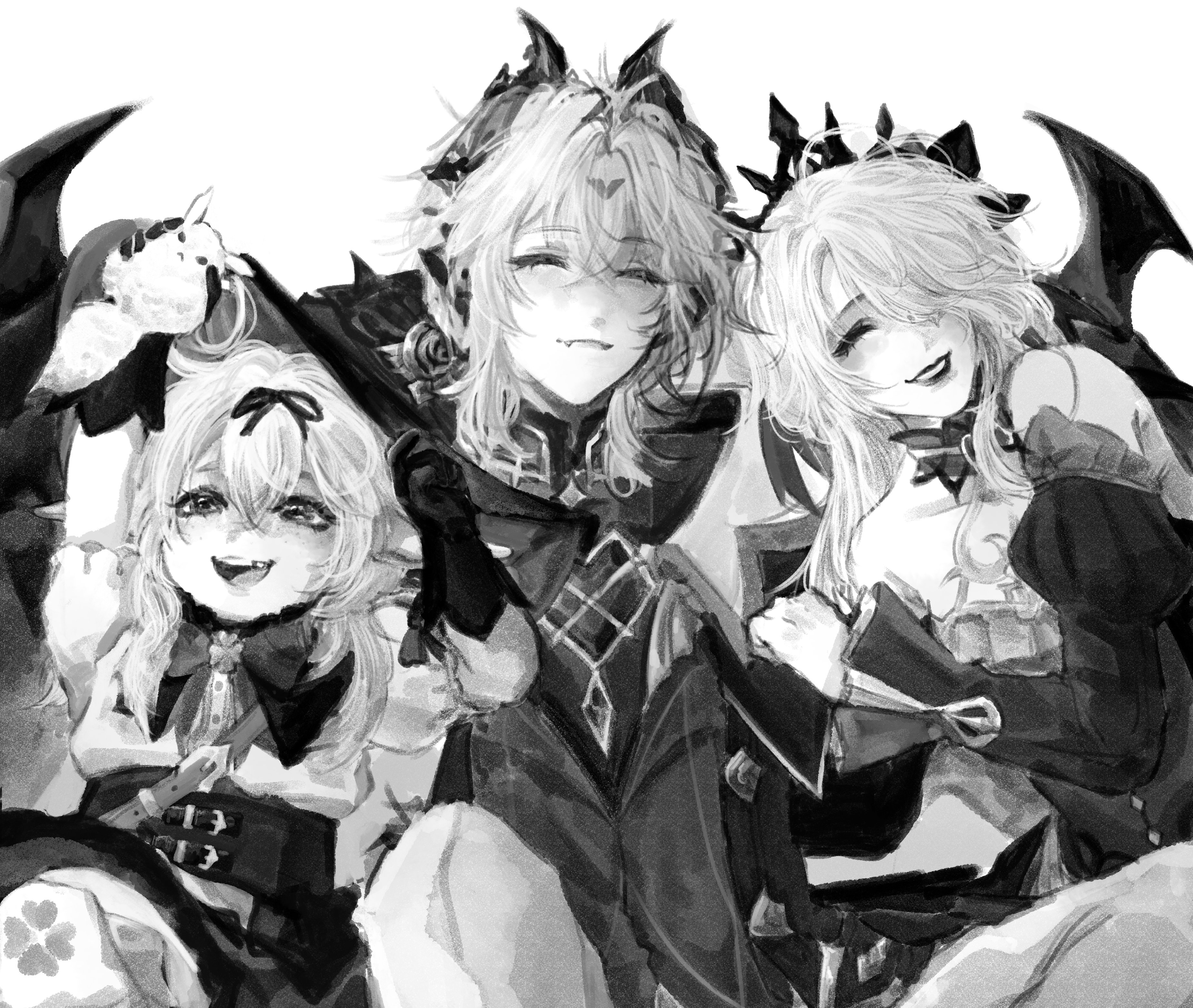 dodoco (genshin impact), fischl (genshin impact), klee (genshin impact), mini durin (genshin impact), mini durin (human) (genshin impact), genshin impact, absurdres, highres, 1boy, 2girls, :d, closed eyes, dragon horns, drcl44, fang, gloves, horns, lipstick, makeup, monochrome, multiple girls, one eye covered, open mouth, smile, teeth, upper teeth only, white background