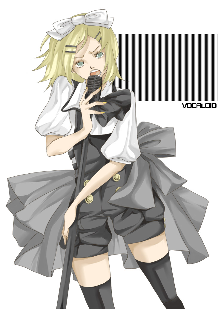 baachan, kagamine rin, vocaloid, bad id, bad pixiv id, blonde hair, green eyes, hair ornament, hair ribbon, hairclip, microphone, microphone stand, ribbon, short hair, shorts, solo, thighhighs