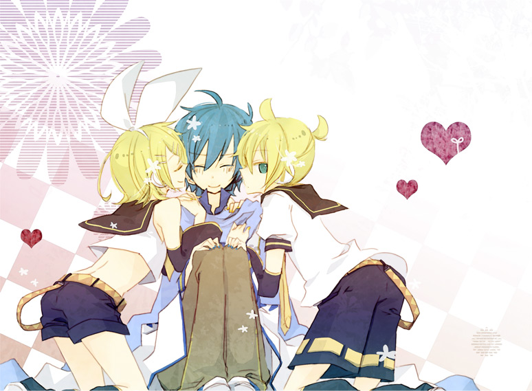 yoshiki, kagamine len, kagamine rin, kaito (vocaloid), vocaloid, bad id, bad pixiv id, 1girl, 2boys, bisexual male, blonde hair, blue scarf, blush, closed eyes, green eyes, hair ornament, hair ribbon, hairclip, heart, imminent kiss, kiss, kissing cheek, kissing ear, kneeling, midriff, multiple boys, ribbon, sailor collar, scarf, short hair, shorts, shota, siblings, sitting, smile, twins