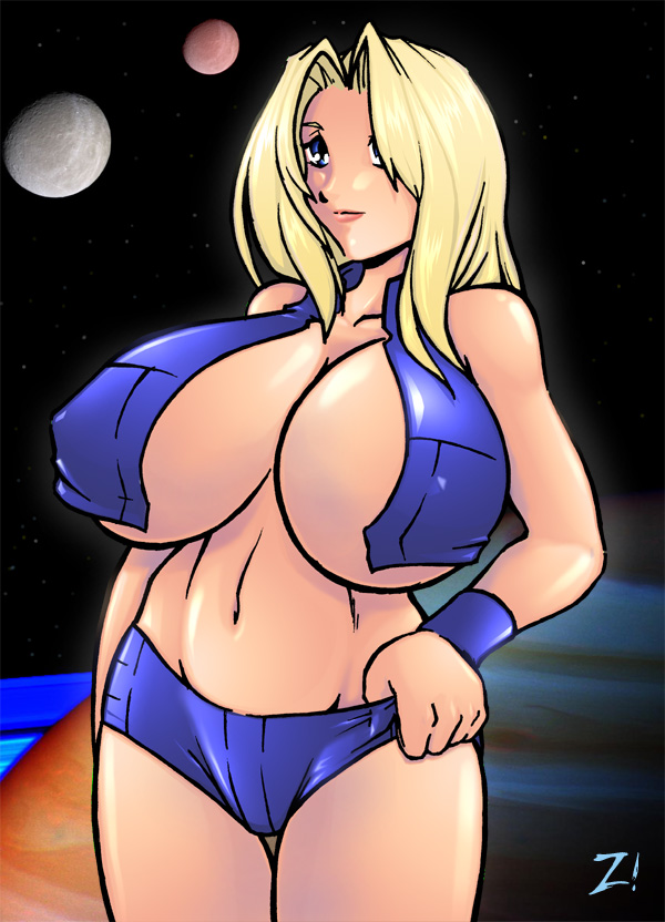 samus aran, metroid, metroid fusion, nintendo, 1girl, alternate breast size (larger), blonde hair, blue eyes, breasts, curvy, female focus, hip focus, huge breasts, lips, moon, navel, open clothes, open shirt, shirt, smile, solo, space, wide hips, wristband