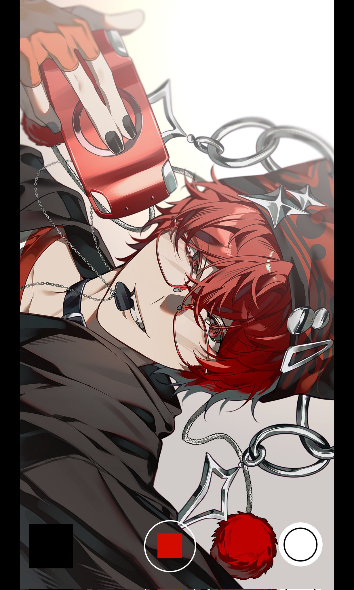 indie utaite, commentary request, corrupted twitter file, highres, 1boy, animal ear headwear, beanie, black choker, black hat, black jacket, black nails, ch44447, choker, fake animal ears, fake phone screenshot, fake screenshot, fangs, fingerless gloves, glasses, gloves, gradient background, grey background, grin, hair between eyes, handheld game console, hat, jacket, jewelry, looking at viewer, male focus, mouth hold, multicolored shirt, pendant, play (vocaloid), playstation portable, plectrum, plectrum in mouth, plectrum necklace, red eyes, red gloves, red hair, red shirt, selfie, shirt, short hair, sideways, simple background, smile, solo, upper body, white background, white shirt, xandu (utaite)