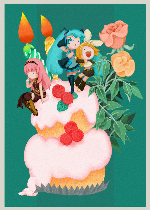 nemuko (minihook), hatsune miku, kagamine rin, megurine luka, vocaloid, bad id, bad pixiv id, aqua hair, blonde hair, blue eyes, cake, candle, chibi, detached sleeves, flower, food, hair ornament, hair ribbon, hairclip, long hair, necktie, pastry, pink hair, ribbon, rose, short hair, shorts, sitting, skirt, smile, thighhighs, twintails