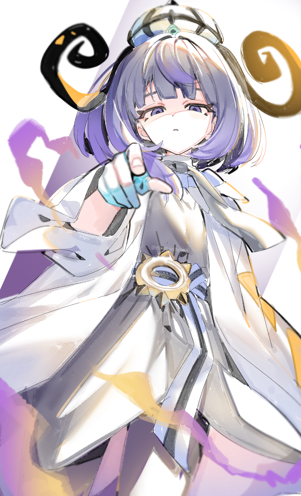 shuri (84k), gwynn (pokemon), nintendo, pokemon, pokemon legends: z-a, commentary request, highres, 1girl, belt, belt buckle, black dress, black ribbon, blue gloves, bob cut, buckle, coat, dress, eyelashes, gloves, half-closed eyes, hat, long sleeves, looking at viewer, o-ring, o-ring belt, open clothes, open coat, parted lips, partially fingerless gloves, purple eyes, purple hair, ribbon, short hair, solo, twitter username, white coat