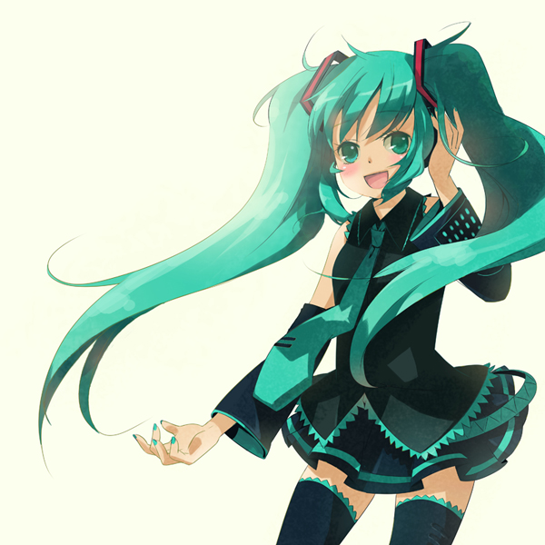 bei, bei (chobicts), hatsune miku, vocaloid, bad id, bad pixiv id, 1girl, aqua eyes, aqua hair, aqua nails, blush, detached sleeves, female focus, headphones, long hair, nail polish, necktie, smile, solo, spring onion, thighhighs, twintails, zettai ryouiki
