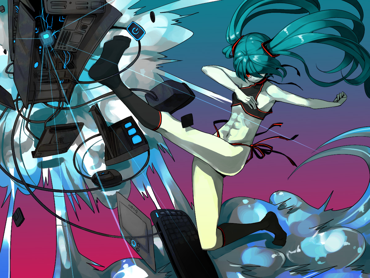 zakki, hatsune miku, vocaloid, bad id, bad pixiv id, 1girl, abs, aqua hair, bikini, computer, computer keyboard, female focus, hair over one eye, kicking, long hair, muscular, red eyes, side-tie bikini bottom, solo, spinzaku, swimsuit, toned, toned female, twintails