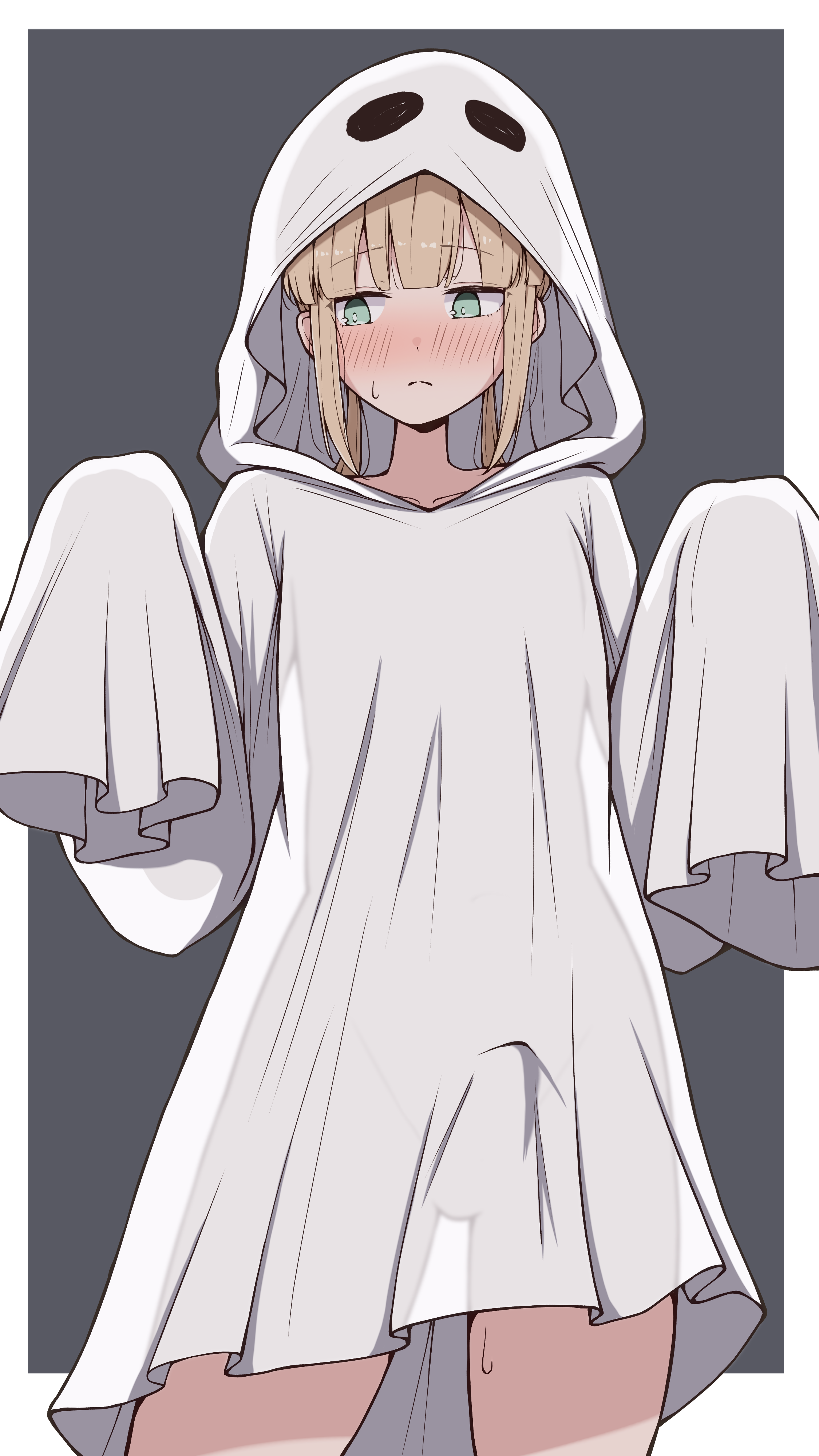 azuki (ne 4zk), captain nemo (fate), nemo (fate), fate/grand order, fate (series), absurdres, commentary request, highres, 1boy, alternate costume, androgynous, averting eyes, blonde hair, blunt ends, blush, border, bright pupils, bulge, choppy bangs, closed mouth, collarbone, cowboy shot, embarrassed, ghost costume, green eyes, grey background, groin, halloween, halloween costume, hands up, hood, hood up, light frown, long sidelocks, medium hair, naked costume, nervous sweating, see-through clothes, sheet ghost, sidelocks, sleeves past fingers, sleeves past wrists, solo, standing, sweat, white border, white pupils