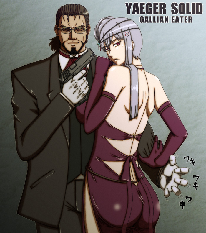 acid (acid-field), ootsuka akio, radi jaeger, selvaria bles, metal gear (series), metal gear solid, metal gear solid 3: snake eater, senjou no valkyria, senjou no valkyria (series), senjou no valkyria 1, silver hair, bad id, bad pixiv id, 1boy, 1girl, anger vein, angry, back, bare shoulders, beard, dress, elbow gloves, facial hair, formal clothes, glasses, gloves, gun, halterneck, handgun, long hair, parody, pistol, voice actor connection, weapon