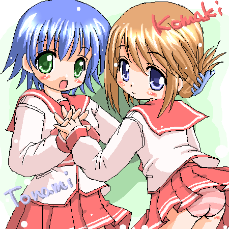 kekyo, komaki manaka, tonami yuma, to heart (series), to heart 2, lowres, 00s, 2girls, blue hair, brown hair, claw hair clip, female focus, hair ornament, hairclip, loli, looking at viewer, multiple girls, oekaki, panties, school uniform, striped clothes, striped panties, underwear