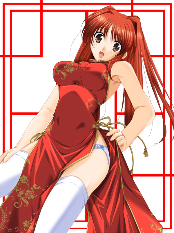 kousaka tamaki, to heart (series), to heart 2, 00s, 1girl, alternate costume, armpits, bare shoulders, blue panties, breasts, brown eyes, china dress, chinese clothes, dress, female focus, long hair, panties, red hair, side slit, solo, standing, thighhighs, underwear, white panties, white thighhighs