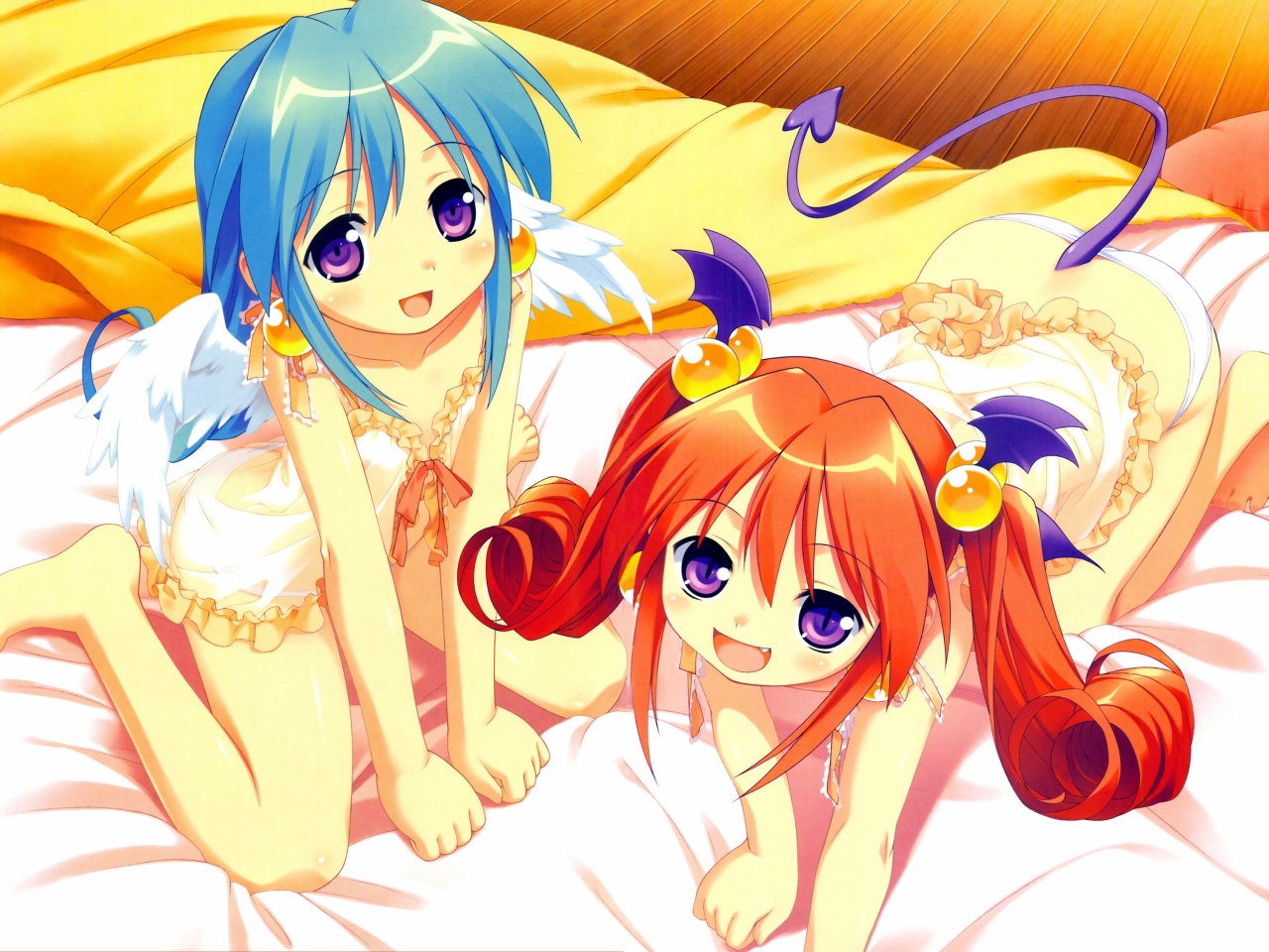 mizuki kotora, suzushiro honoka, suzushiro yukina, niizuma capriccio!, 2girls, all fours, barefoot, bed, blush, demon girl, demon tail, earrings, fang, flat chest, from above, jewelry, kneeling, loli, long hair, multiple girls, panties, smile, tail, twintails, underwear, wings