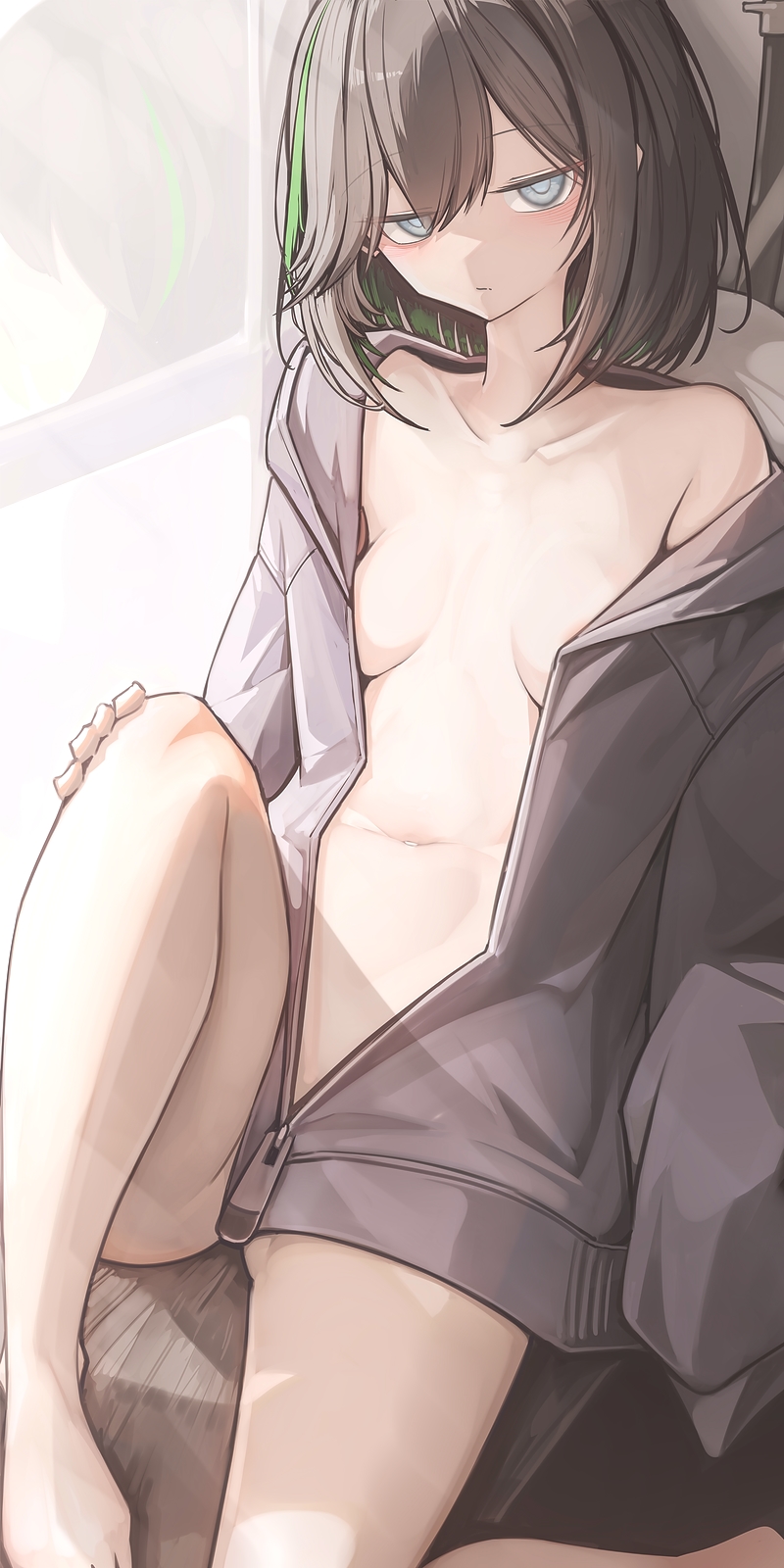 genek, original, commission, highres, skeb commission, 1girl, blue eyes, breasts, brown hair, green hair, jacket, looking at viewer, medium hair, multicolored hair, naked jacket, open clothes, open jacket, sitting, small breasts, solo, streaked hair, two-tone hair, zipper pull tab