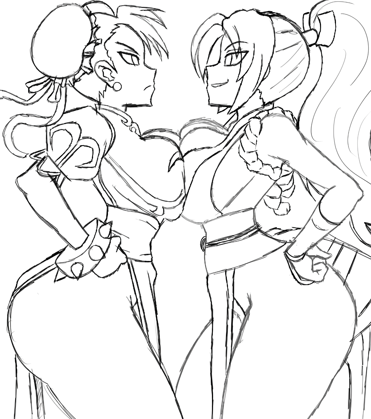 chun-li, shiranui mai, capcom, capcom vs. snk, fatal fury, fatal fury: city of the wolves, snk, street fighter, the king of fighters, highres, 2girls, ass, breast press, breasts, chinese clothes, double bun, face-to-face, from side, hair bun, hand on own hip, huge ass, japanese clothes, large breasts, legs, long hair, looking at another, monochrome, multiple girls, pantyhose, parted lips, ponytail, serious, sideboob, sketch, smile, teeth, thick thighs, thighs
