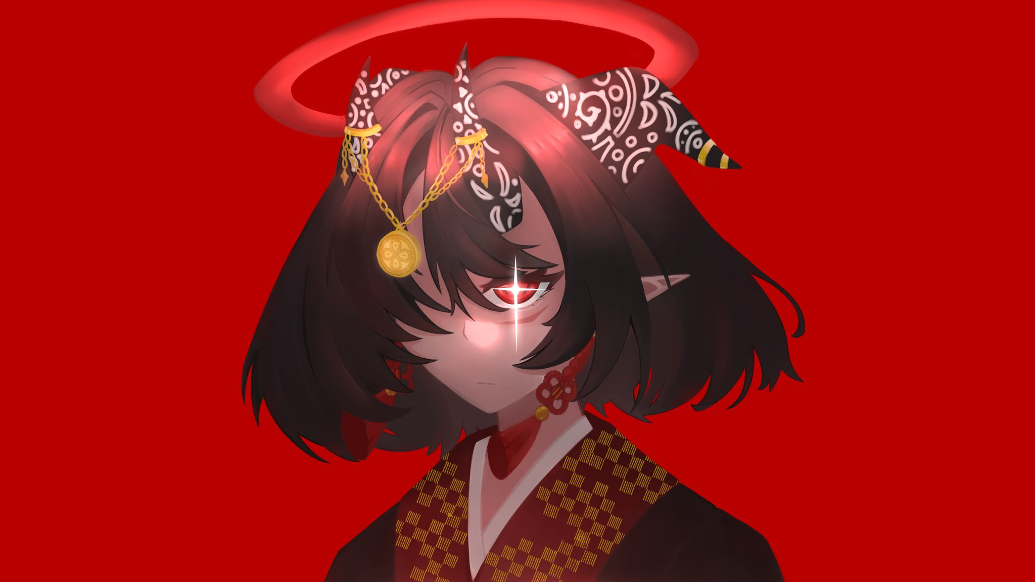 original, commentary, highres, 1girl, black hair, black kimono, closed mouth, demon horns, dress, earrings, halo, higan (sarujigu), horn ornament, horns, japanese clothes, jewelry, kimono, looking at viewer, pointy ears, red background, red eyes, red halo, sarujigu, short hair, solo, star-shaped pupils, star (symbol), symbol-shaped pupils