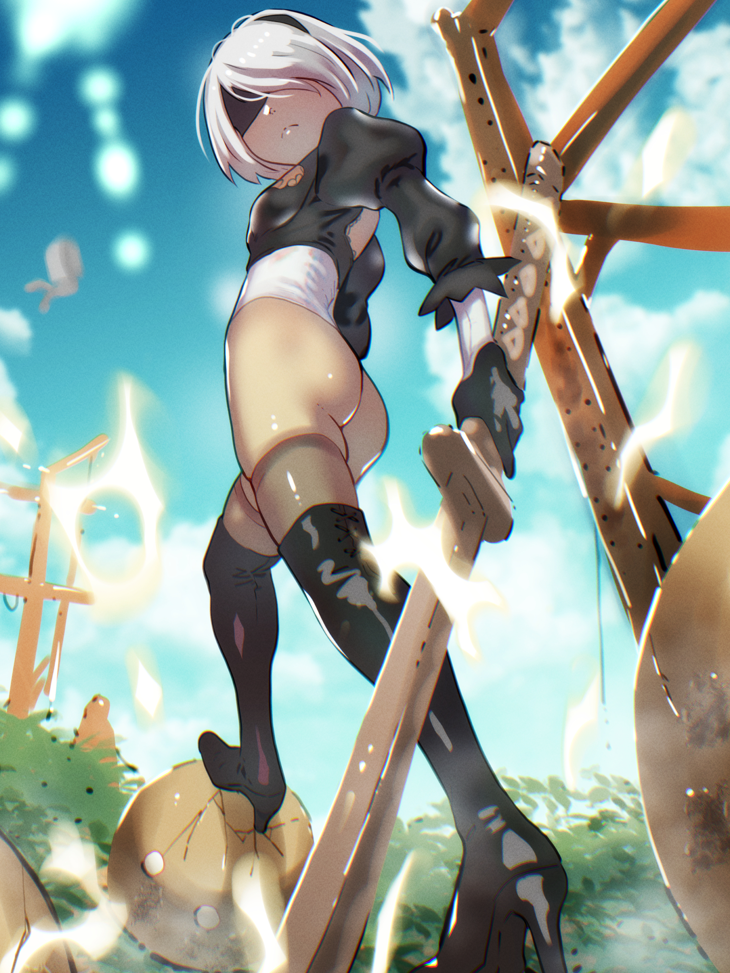 soon (c-u-soon), 2b (nier:automata), machine (nier), nier:automata, nier (series), highres, 1girl, ass, black boots, black gloves, black shirt, blindfold, boots, breasts, closed mouth, covered eyes, from below, gloves, high heel boots, high heels, holding, holding sword, holding weapon, leotard, long sleeves, outdoors, puffy short sleeves, puffy sleeves, shirt, short hair, short sleeves, small breasts, solo, sword, thigh boots, weapon, white hair, white leotard