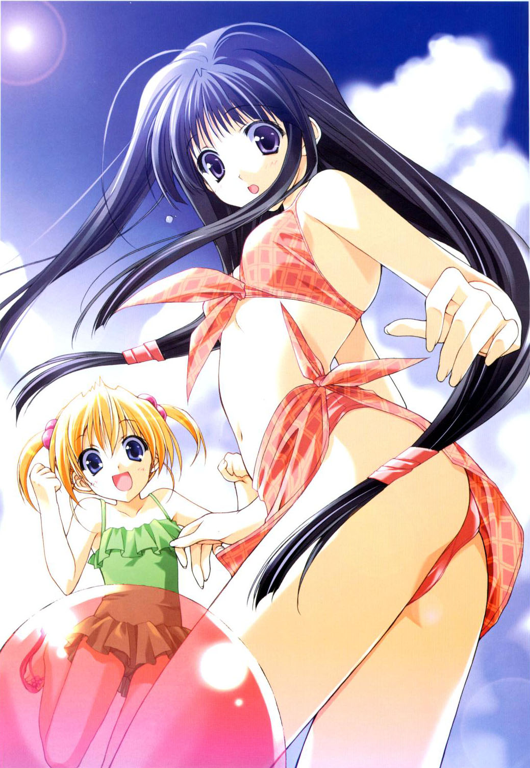 suzuhira hiro, hazuki chika, tachibana kazuna, aikagi, highres, ass, bikini, cloud, feet, flat chest, from below, hair bobbles, hair ornament, long hair, navel, sandals, short hair, short twintails, sky, smile, swimsuit, twintails