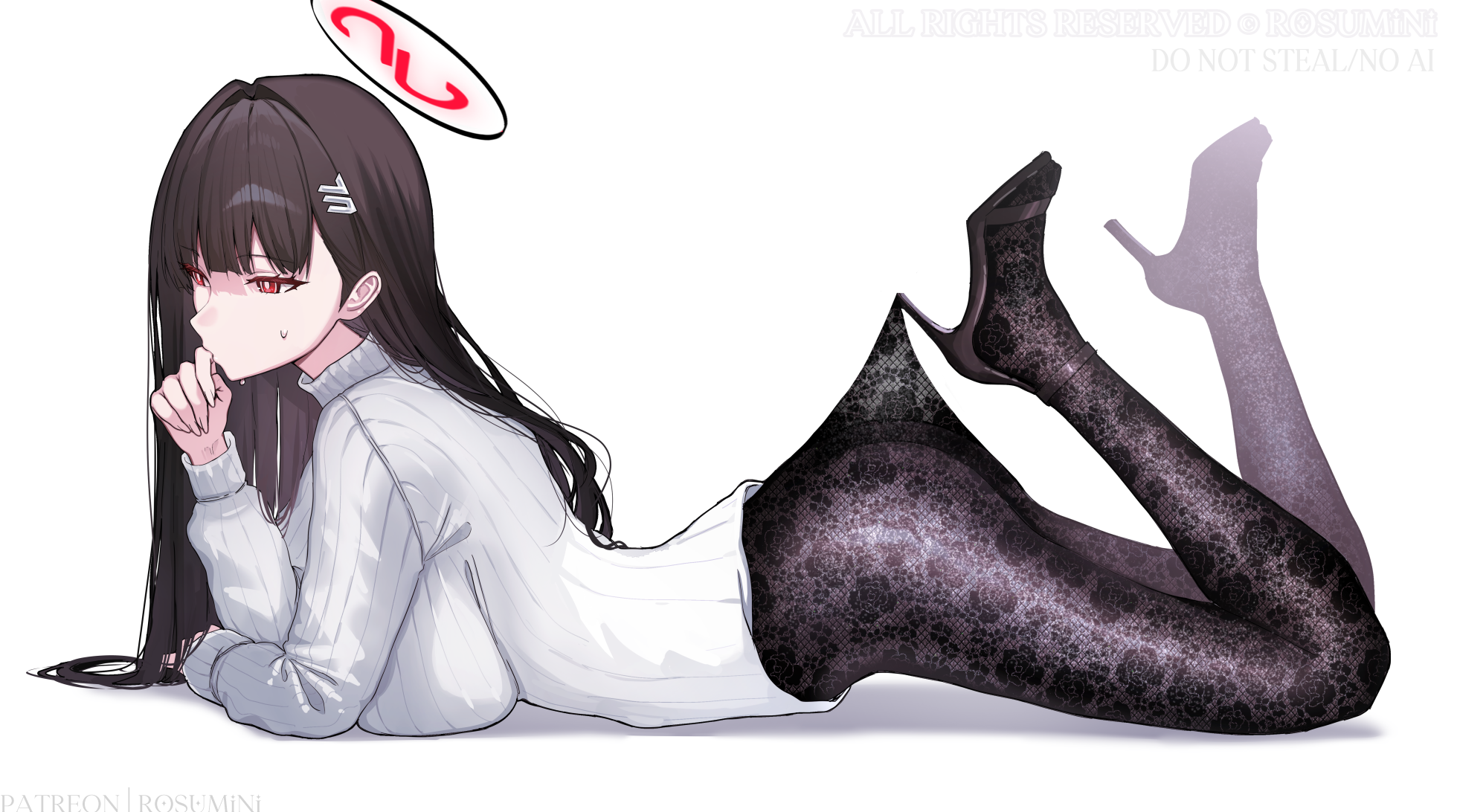 rosumini, rio (blue archive), blue archive, commentary request, highres, 1girl, ass, black hair, black halo, black pantyhose, breasts, halo, high heels, lace pantyhose, lace pantyhose hooked on heel (meme), large breasts, long hair, lying, meme, on stomach, pantyhose, red eyes, simple background, solo, sweater, turtleneck, turtleneck sweater, very long hair, white background, white sweater