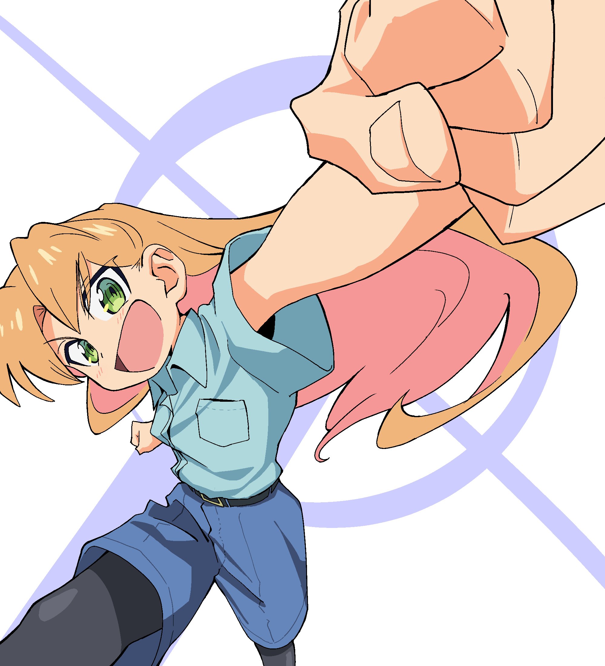 rurio85, tanigawa ruri, ruri no houseki, commentary, highres, 1girl, :d, belt, black belt, blonde hair, blue shirt, blue shorts, breast pocket, clenched hand, collared shirt, dress shirt, excited, green eyes, leggings under shorts, long hair, open mouth, perspective, pocket, shirt, shirt tucked in, shorts, smile, solo