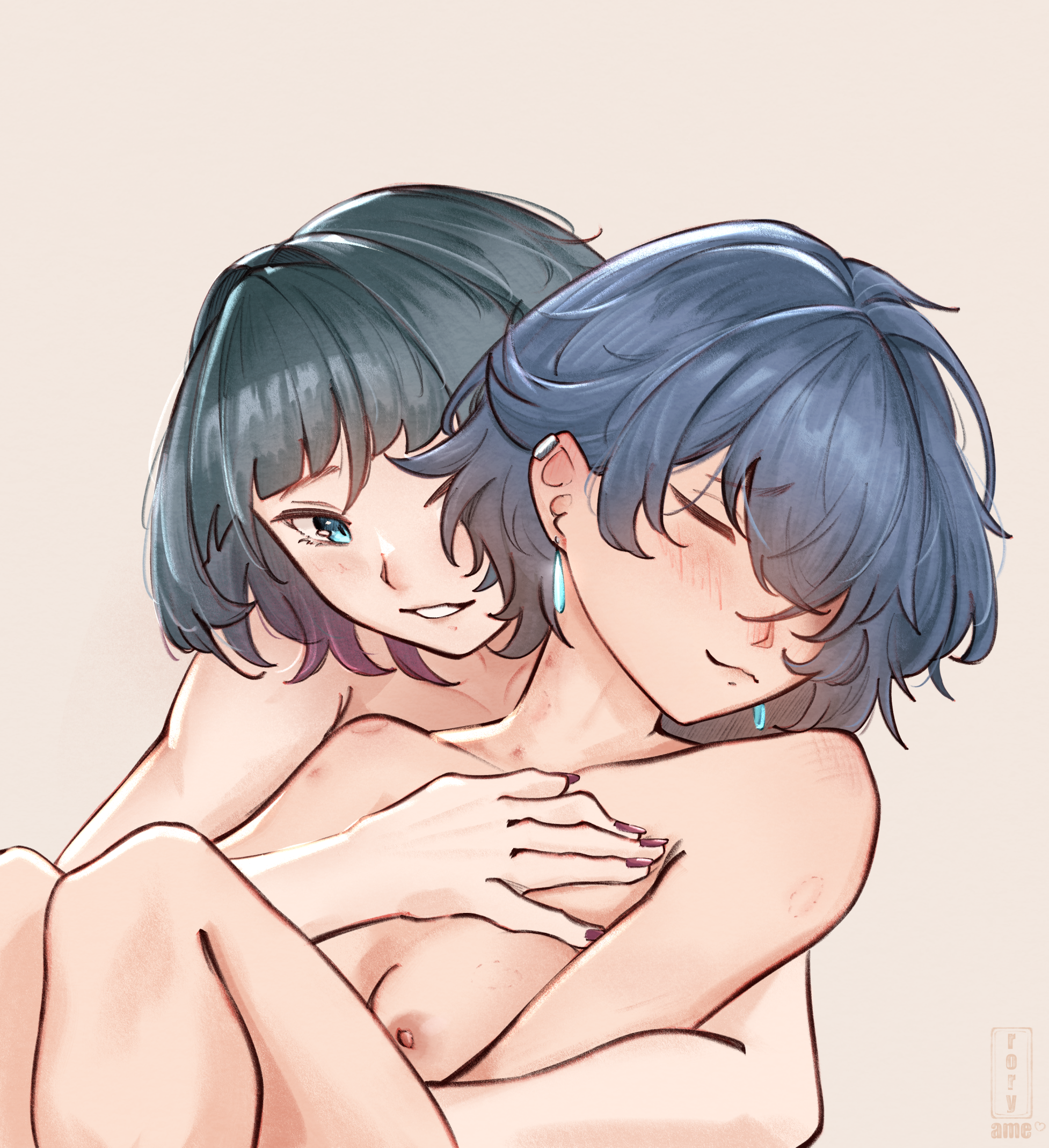 rory ame, belle (zenless zone zero), jane doe (zenless zone zero), zenless zone zero, commentary, highres, bite mark, bite mark on shoulder, black hair, blue hair, blush, breasts, brown background, closed eyes, closed mouth, cuddling, earrings, hickey, hug, hug from behind, jewelry, medium breasts, nipples, nude, short hair, simple background, smile, yuri