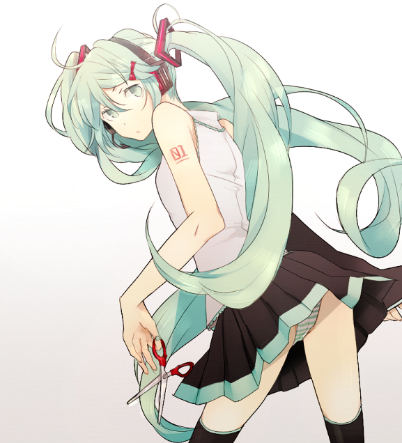 gyoniku sausage, nako13, hatsune miku, vocaloid, bad id, bad pixiv id, ahoge, aqua eyes, aqua hair, hair ribbon, headphones, headset, long hair, looking back, necktie, panties, pantyshot, ribbon, scissors, simple background, skirt, solo, thighhighs, twintails, underwear, zettai ryouiki