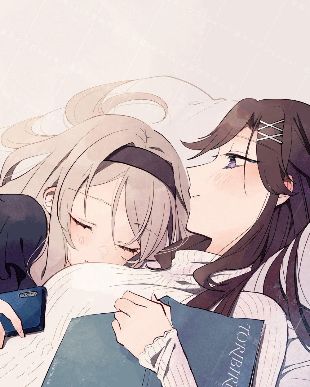 wato (ko), saijou claudine, tendou maya, shoujo kageki revue starlight, highres, 2girls, black shirt, blonde hair, blush, book, brown hair, cellphone, closed eyes, closed mouth, cuddling, head on another's shoulder, holding, holding book, holding phone, long hair, lying, multiple girls, on back, phone, purple eyes, shirt, sleeping, sleeping on person, smartphone, smile, sweater, white sweater, yuri