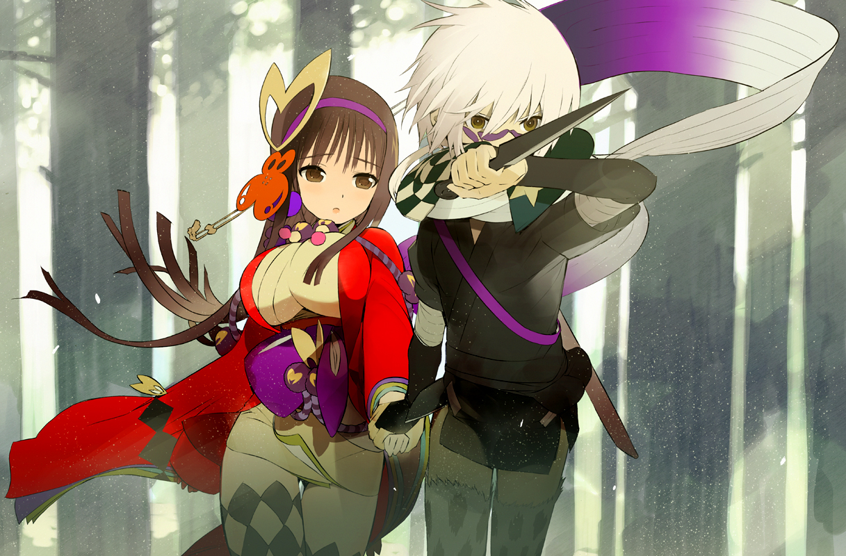 okama, manahime, shippuumaru, onore no shinzuru michi wo yuke, 1boy, 1girl, androgynous, black eyes, breasts, brown hair, hetero, holding hands, japanese clothes, ninja, tattoo, white hair, winter