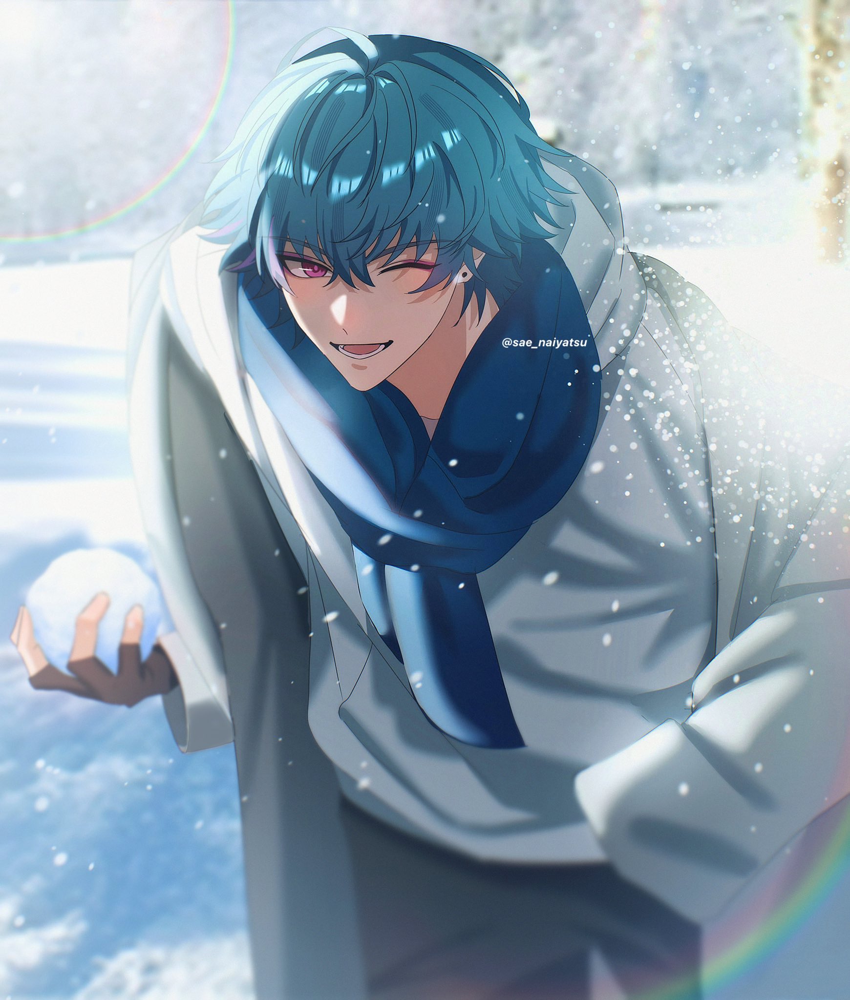 brant (wuthering waves), wuthering waves, highres, 1boy, blue scarf, earrings, fingerless gloves, gloves, hand in pocket, holding, holding snowball, hood, hoodie, jacket, jewelry, lower teeth only, male focus, one eye closed, open mouth, pink eyes, rainbow, sae naiyatsu, scarf, snow, snowball, teeth