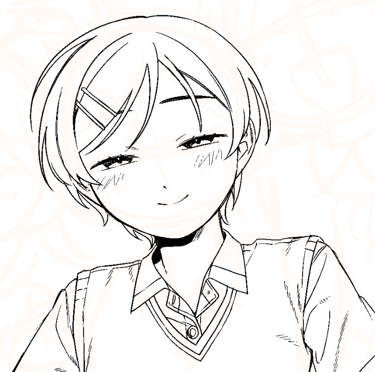 rra (yj), kouyama rin, futsuu no keion-bu, commentary request, 1girl, blush, closed mouth, collared shirt, dress shirt, greyscale, hair ornament, hairpin, half-closed eyes, lineart, monochrome, pixie cut, portrait, shirt, short hair, smile, solo, sweater vest
