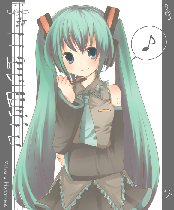 monako, hatsune miku, vocaloid, bad id, bad pixiv id, aqua eyes, blue eyes, headphones, headset, long hair, musical note, necktie, skirt, smile, solo, twintails