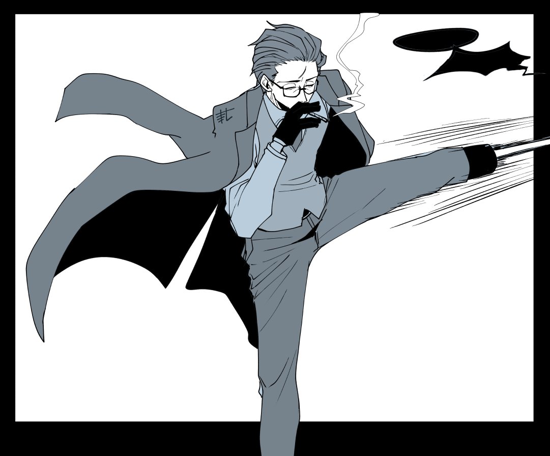 gregor (project moon), limbus company, project moon, 1boy, arm behind back, black border, black gloves, black jacket, border, cigarette, closed eyes, flat color, foot out of frame, glasses, gloves, hair slicked back, holding, holding cigarette, jacket, jacket on shoulders, kicking, kitoki re, leg up, male focus, motion lines, night awls (identity) (project moon), official alternate costume, outside border, peg leg, scar, scar on face, smoke, smoke trail, smoking, solo
