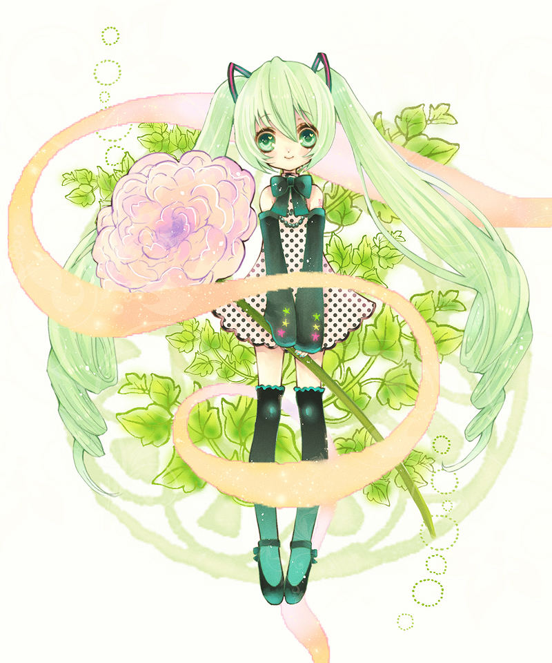 kotone ichihana, shinobi (artist), hatsune miku, vocaloid, bad id, bad pixiv id, 1girl, aged down, detached sleeves, female focus, flower, green eyes, green hair, green thighhighs, long hair, matching hair/eyes, polka dot, ribbon, rose, shoes, smile, solo, star (symbol), thighhighs, twintails, very long hair, zettai ryouiki