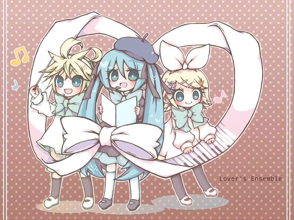 totsuki (candy beat), hatsune miku, kagamine len, kagamine rin, vocaloid, 1boy, 2girls, aqua hair, blonde hair, blue eyes, chibi, hair ornament, hair ribbon, hairclip, hat, headphones, headset, long hair, multiple girls, musical note, ribbon, short hair, siblings, smile, socks, twins, twintails