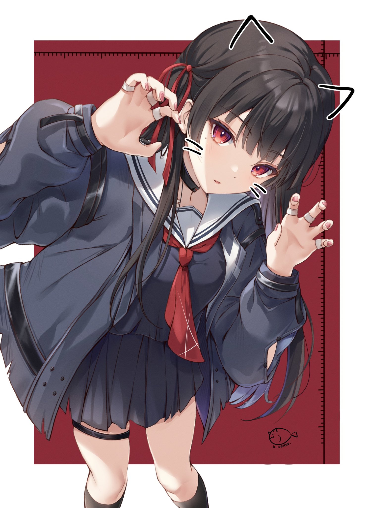 kiri celea, chisa (wuthering waves), wuthering waves, commentary request, highres, 1girl, black hair, black jacket, black serafuku, black shirt, black skirt, black socks, claw pose, feet out of frame, hair ribbon, jacket, kneehighs, long hair, long sleeves, looking at viewer, neckerchief, open clothes, open jacket, pleated skirt, red background, red eyes, red neckerchief, red ribbon, ribbon, sailor collar, school uniform, serafuku, shirt, skirt, socks, solo, white sailor collar